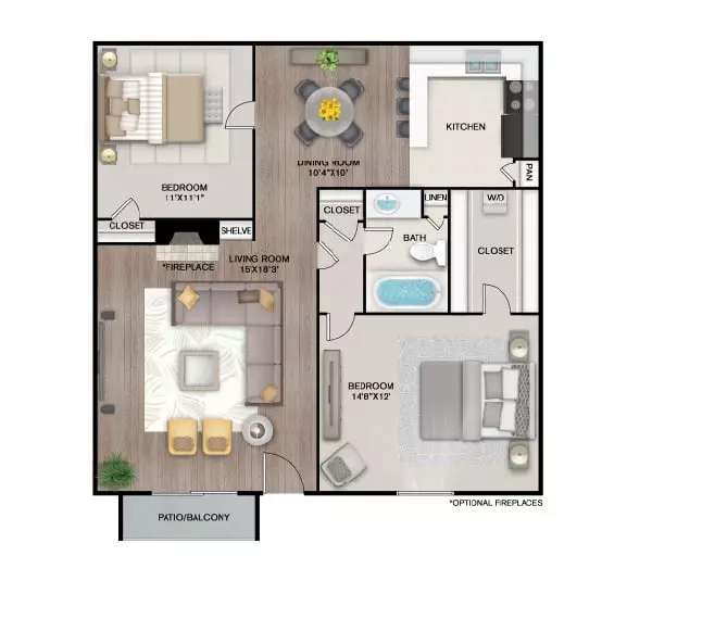 2 Beds • 1 Bath 0906 floor plan