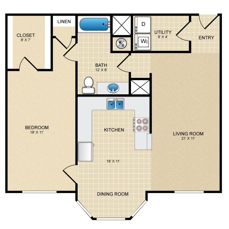 1 Bed • 1 Bath - floor plan