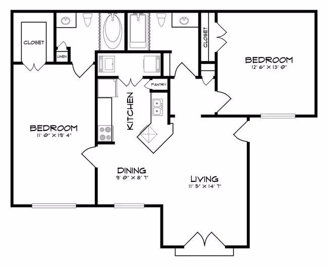 2 Beds • 1 Bath 4-434 floor plan