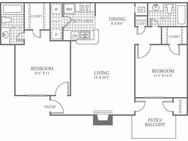 2 Beds • 2 Bath 1026-1 floor plan
