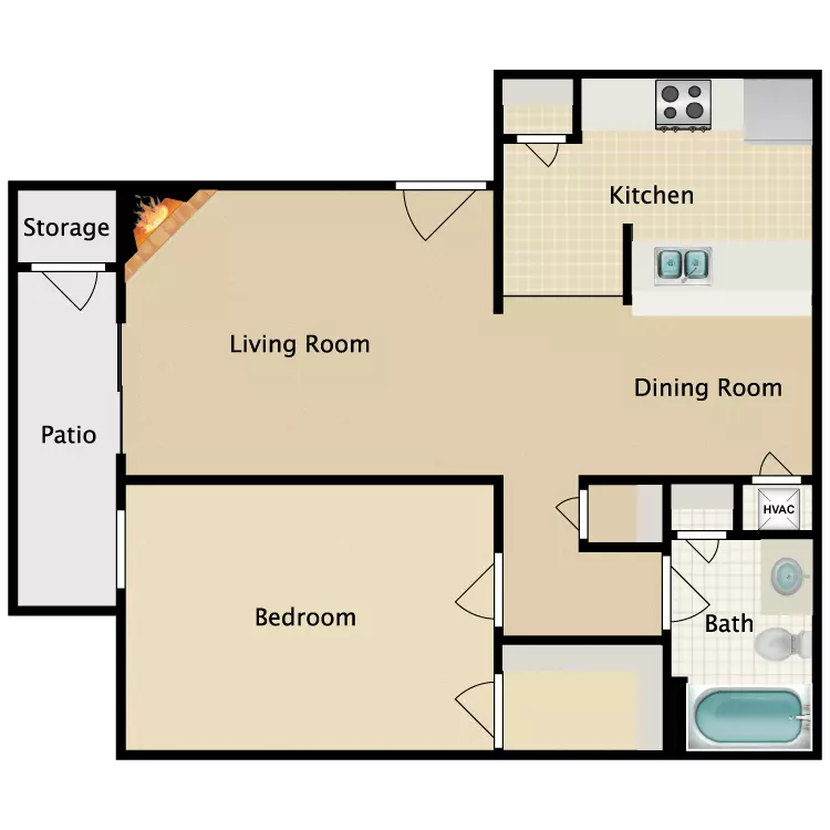 1BR/1BA floor plan