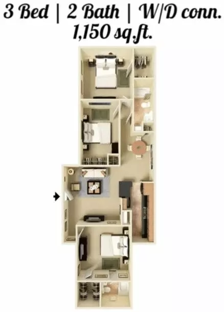 3 Bed 2 Bath 606 floor plan