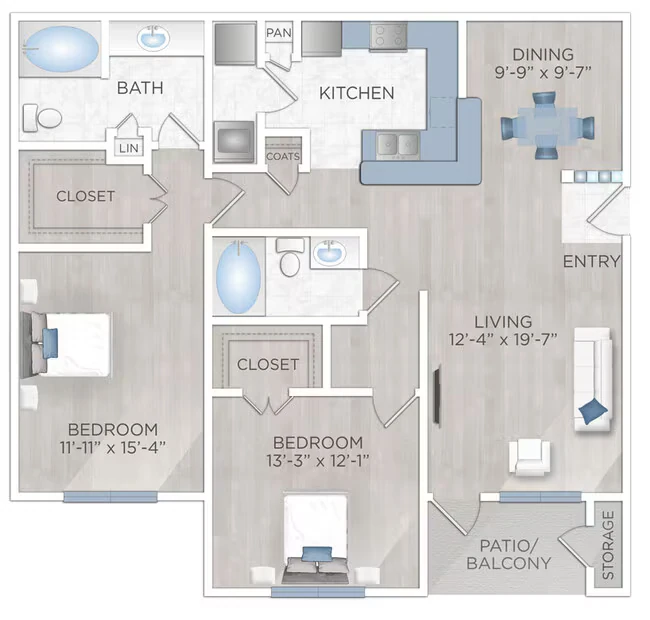 2 Beds • 2 Bath 0332 floor plan