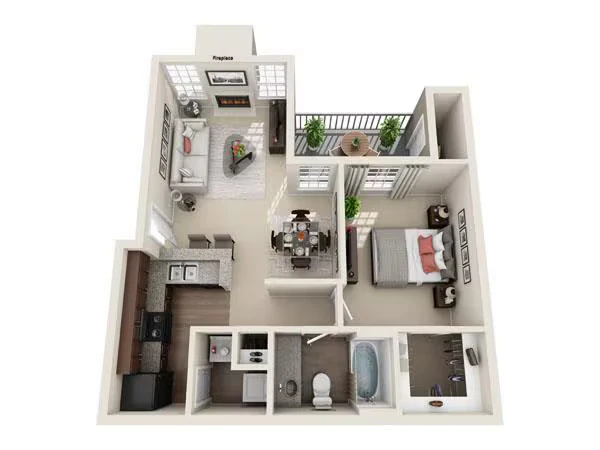 1 Bed • 1 Bath 1908 floor plan