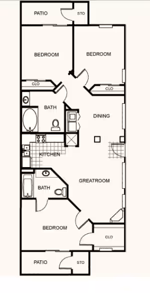 3 Beds, 1 Bath Model floor plan