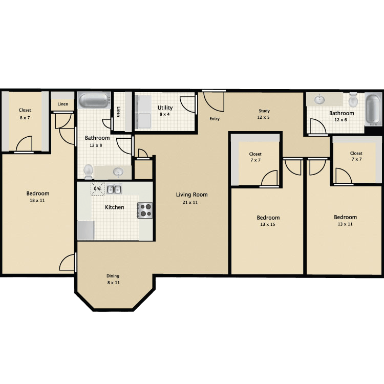 3 Beds • 2 Bath C1 floor plan