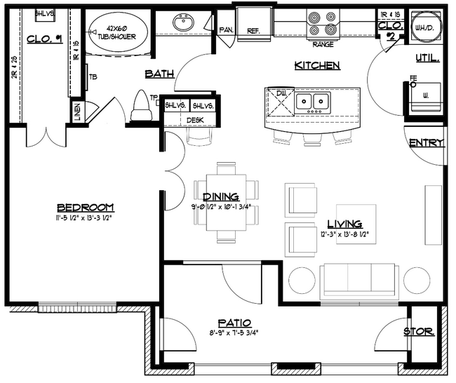 1 Bed • 1 Bath 1005 floor plan
