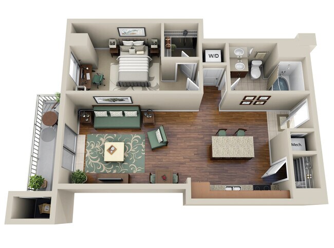 1 Bed • 1 Bath 1909 floor plan