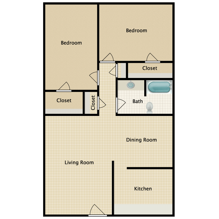 2 Beds • 1 Bath floor plan