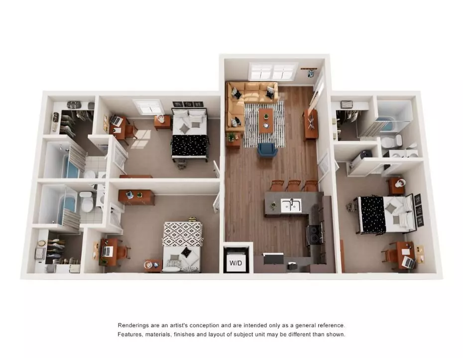 3 Beds • 3 Bath Private floor plan