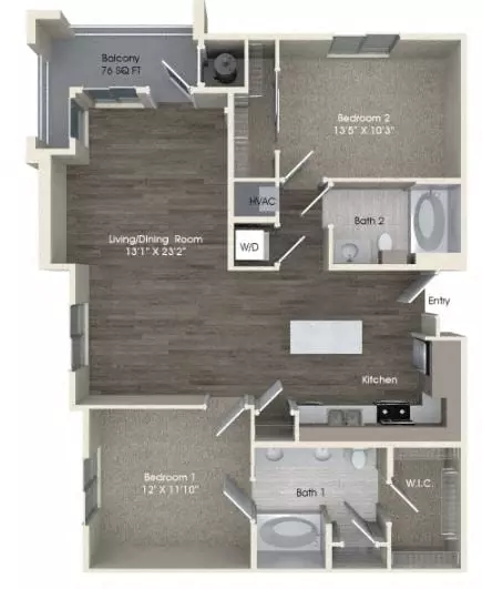 2 Beds • 2 Bath 03310 floor plan