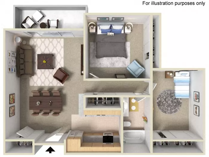 2 Beds, 1 Bath Model floor plan