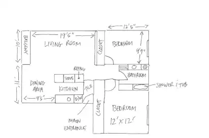 2BR/1BA floor plan