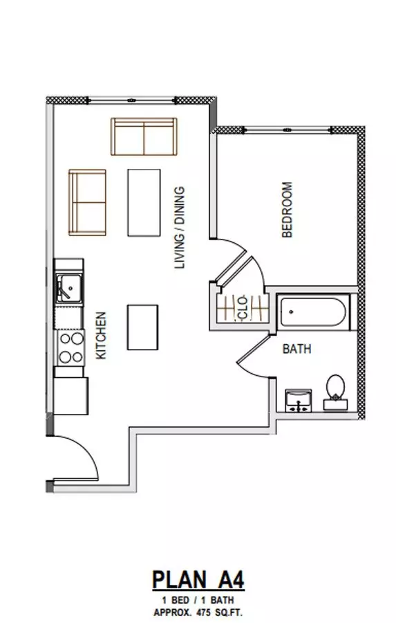 1 Bed, 1 Bath Model floor plan
