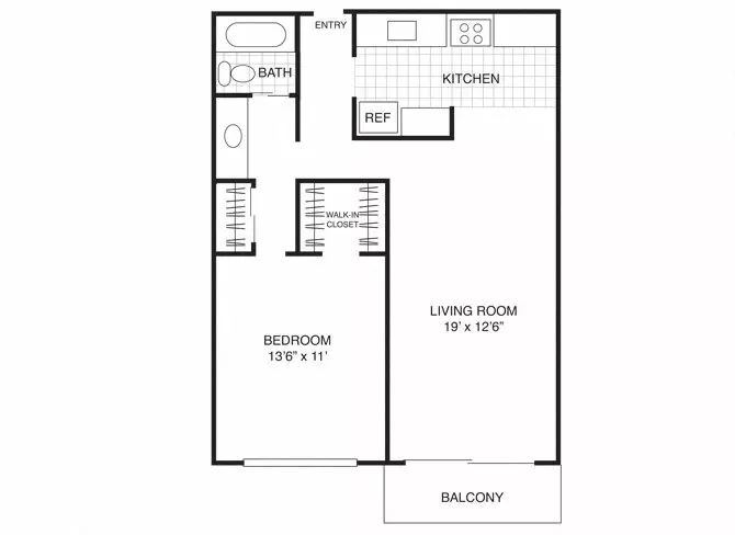 1 Bed, 1 Bath Model floor plan