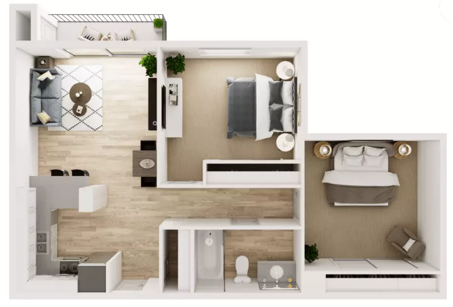 2 Beds • 1 Bath 146-02B floor plan