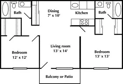 2 bed 2 Bath 728 00O-279 floor plan