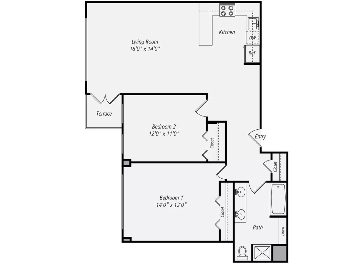 2 bd · 1 ba · 882 sqft floor plan