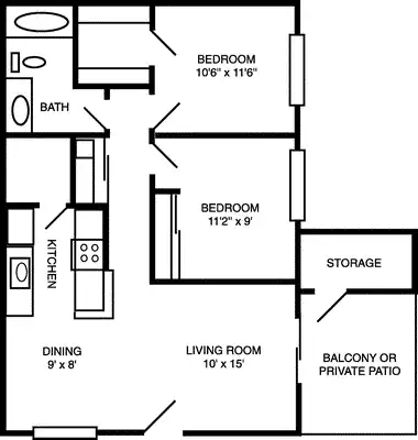 2 Beds • 2 Bath 715 floor plan