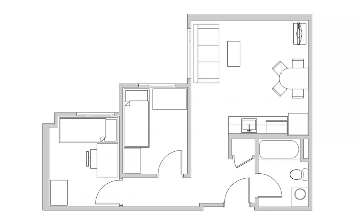 2 Beds, 1 Bath Model floor plan