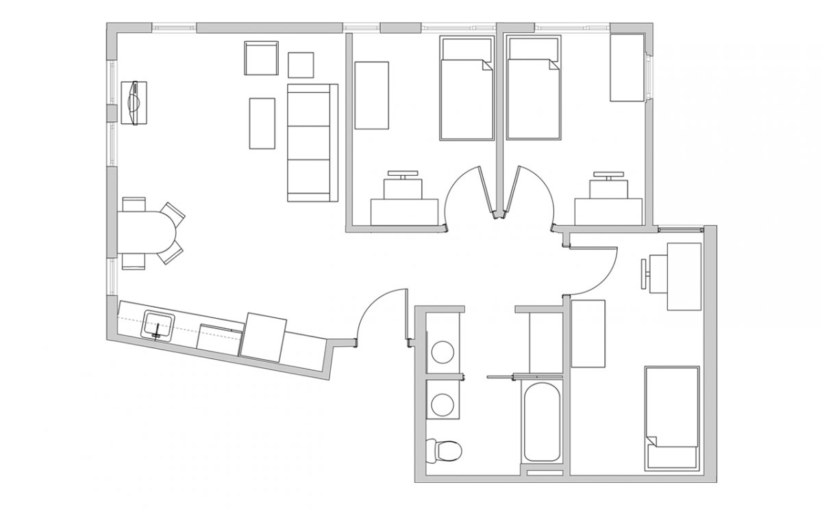 3 Beds, 1 Bath Model floor plan