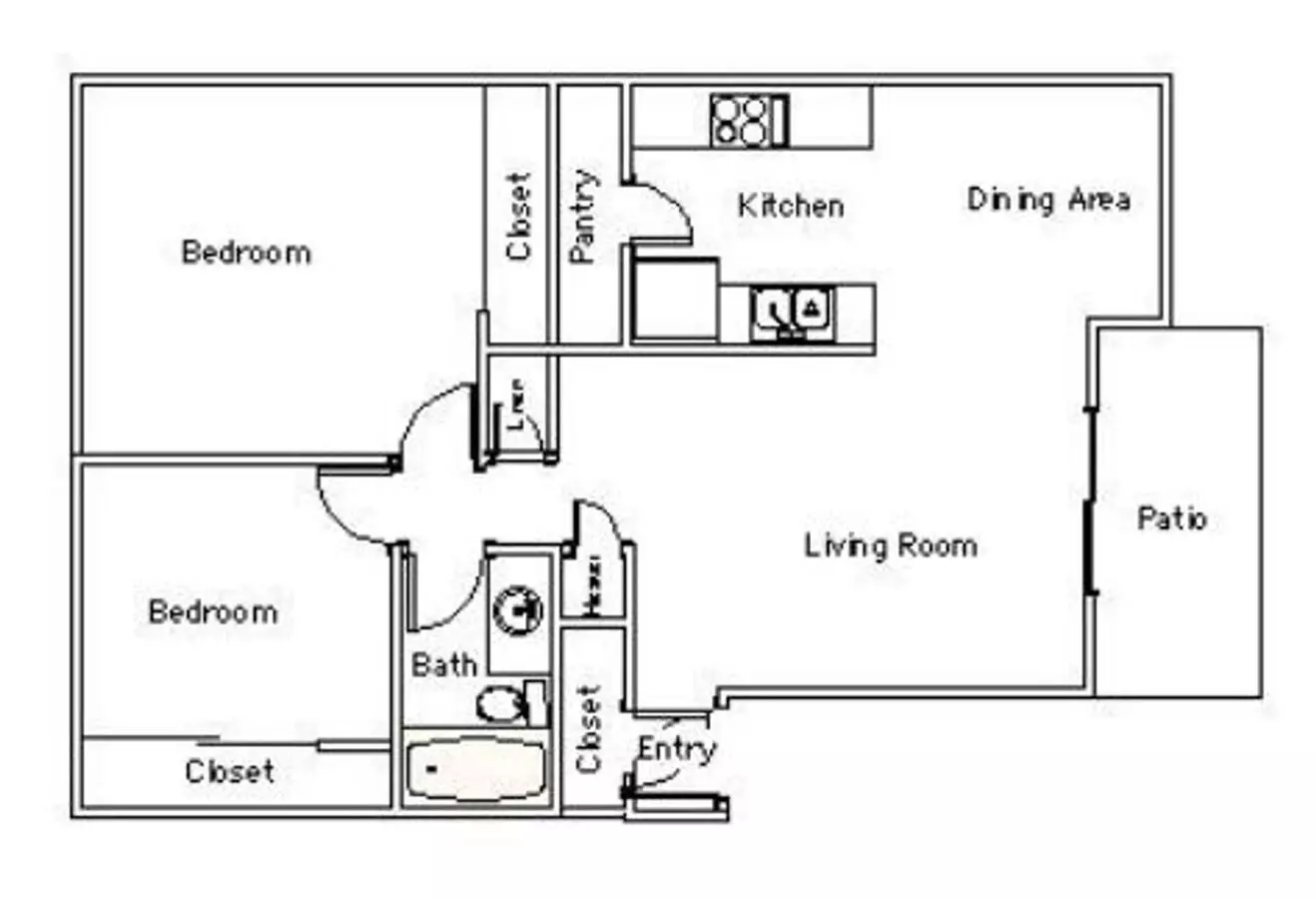 2 Beds, 1 Bath Model floor plan