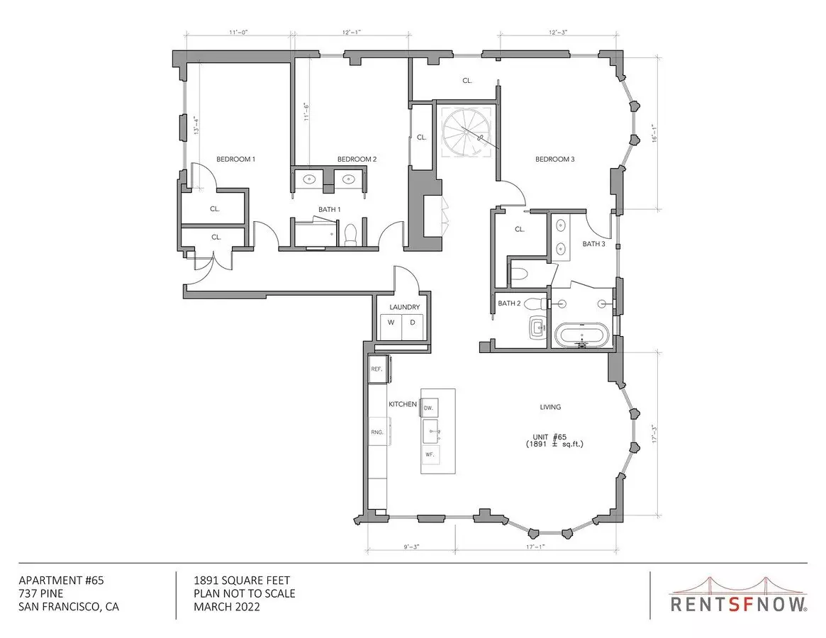 3 Beds • 1 Bath - floor plan