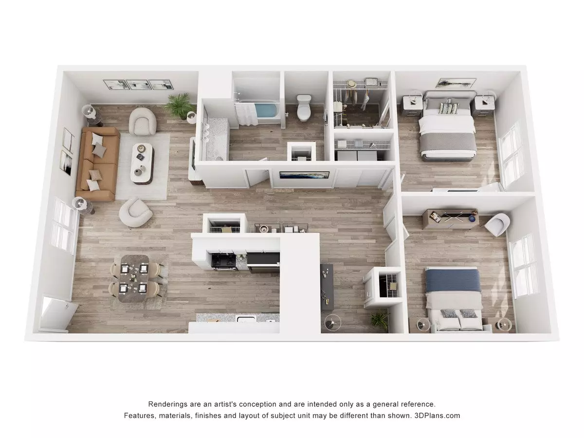 2 Beds • 1 Bath 1230-205 floor plan