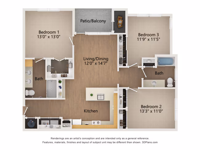 3 Beds • 2 Bath 11101 floor plan