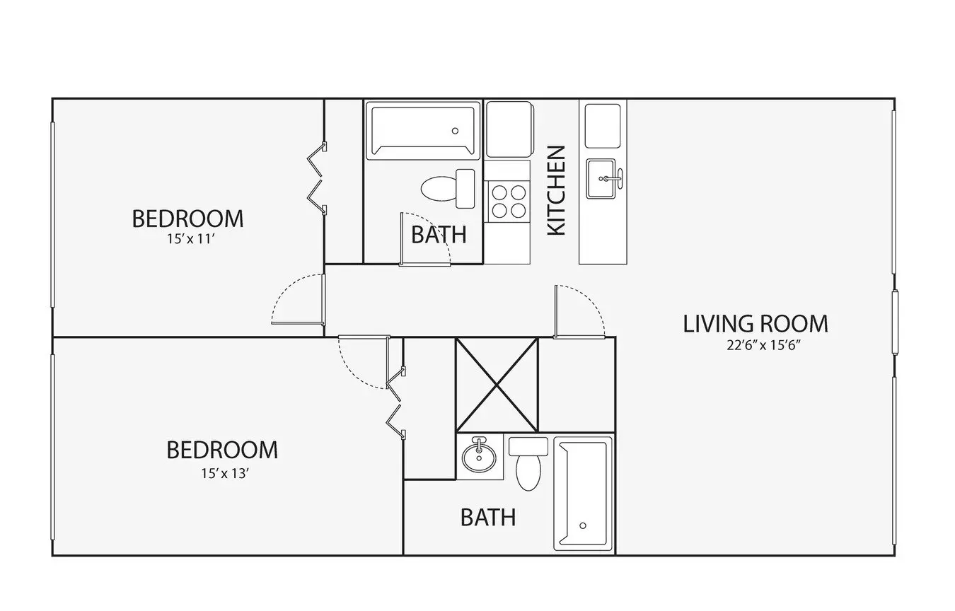 2 Beds • 2 Bath WWK-407 floor plan