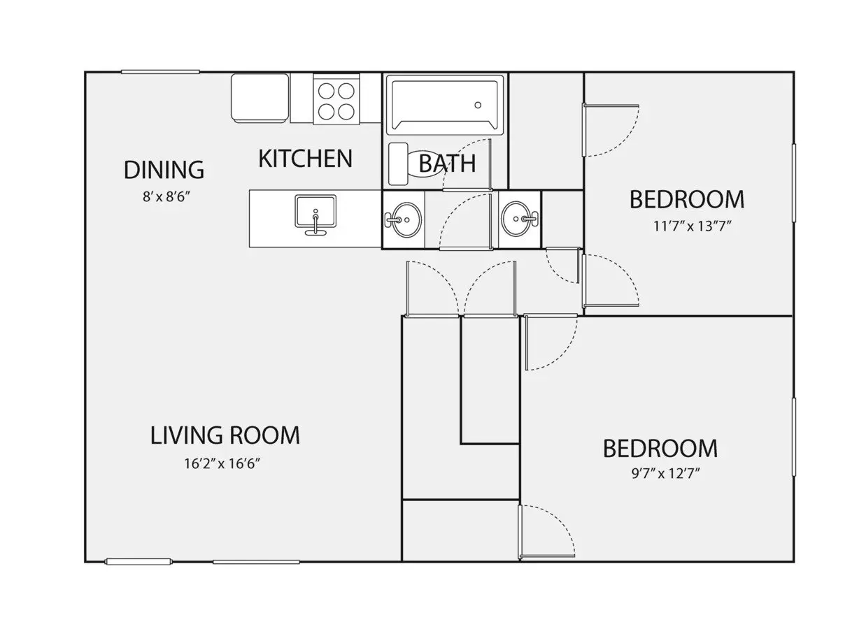 2 Beds • 1 Bath 24F-212 floor plan
