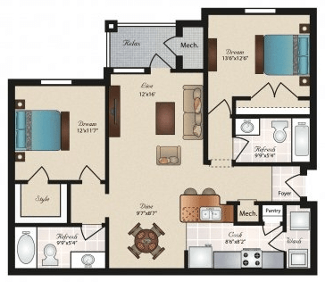 2 Beds • 2 Bath 1137 floor plan