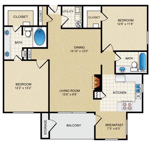 2 Beds • 2 Bath 1334 floor plan