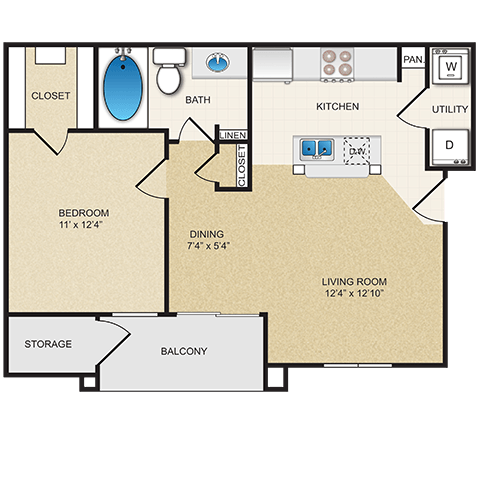 1 Bed • 1 Bath 0213 floor plan