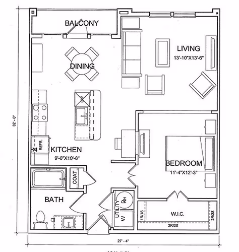 1 Bed • 1 Bath E1 floor plan