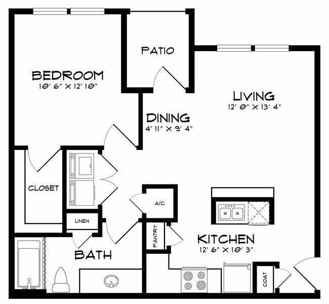 1 Bed • 1 Bath 532 floor plan