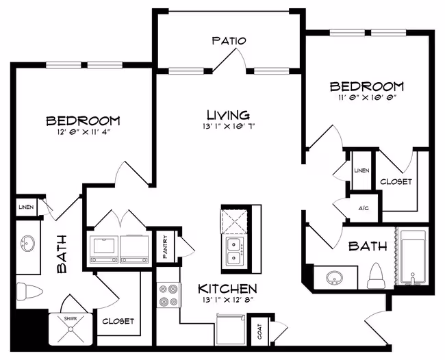 2 Beds • 2 Bath 636 floor plan
