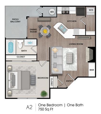 1 Bed • 1 Bath 2-2A floor plan