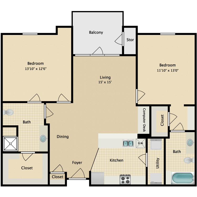 60% 2 Bedroom 2 Bathroom Md 4-130 floor plan