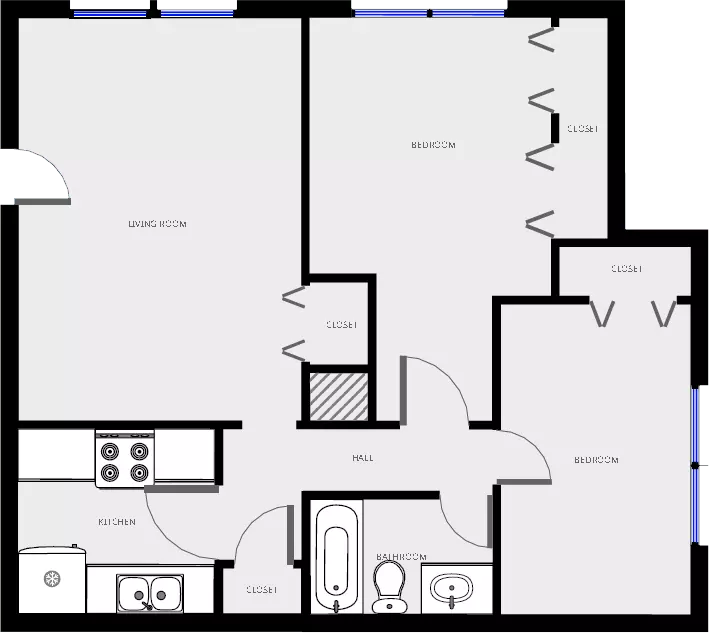 2 bed 1 bath 6B floor plan