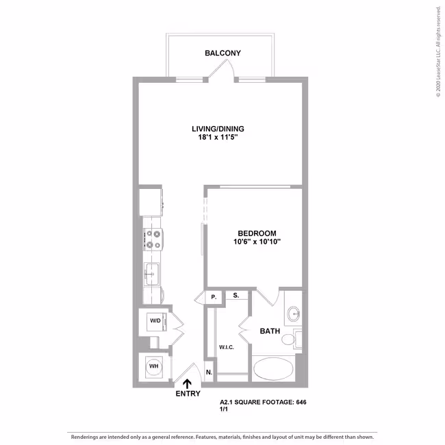 1 Bedroom 1 Bath 368 floor plan