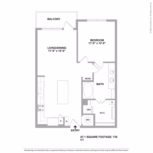 1 Bedroom 1 Bath 207 floor plan