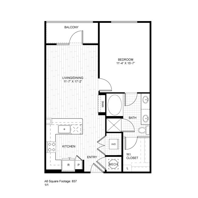 1 Bedroom 1 Bath 280 floor plan