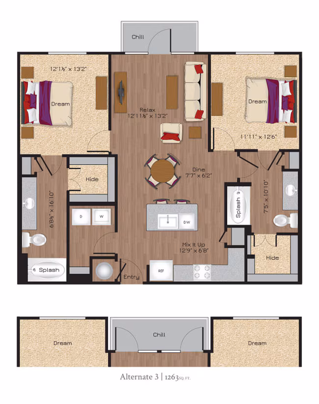 2 Beds • 2 Bath 1058 floor plan