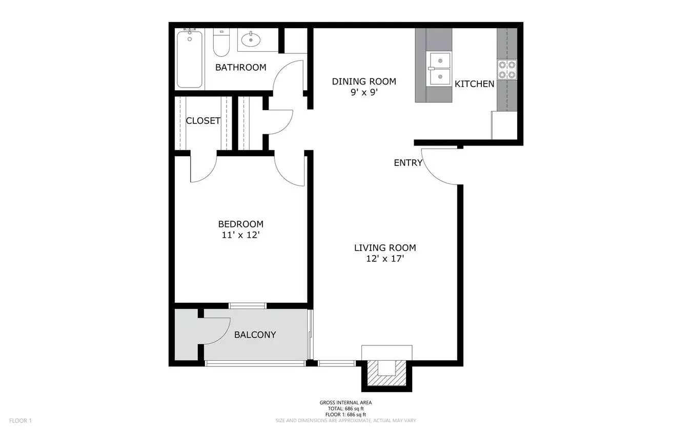 1 Bed • 1 Bath 35 floor plan
