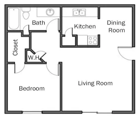 1/1 545 SF 167 floor plan