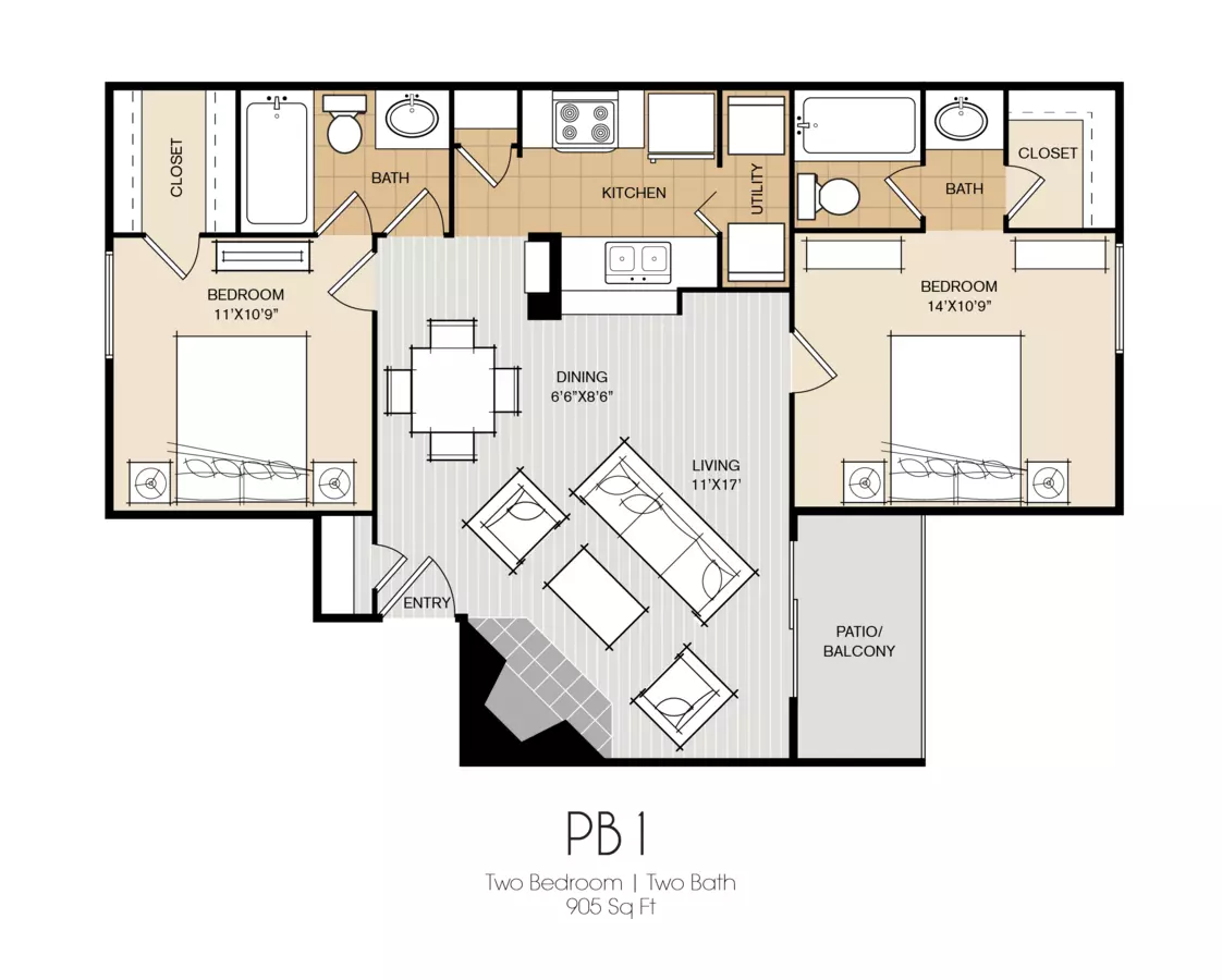 2 Beds • 2 Bath 14P-1401 floor plan
