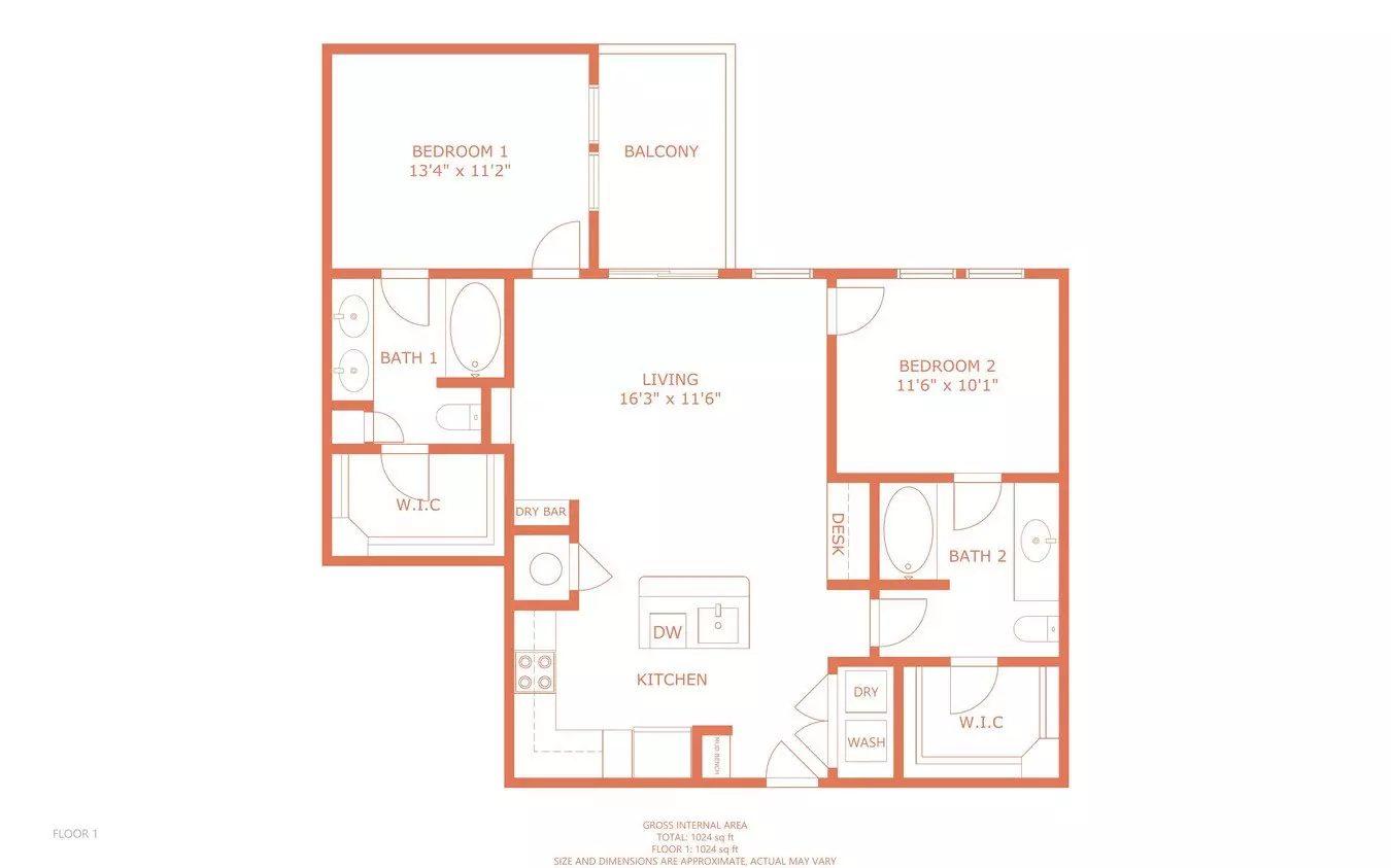 2 Beds • 2 Bath B1 floor plan