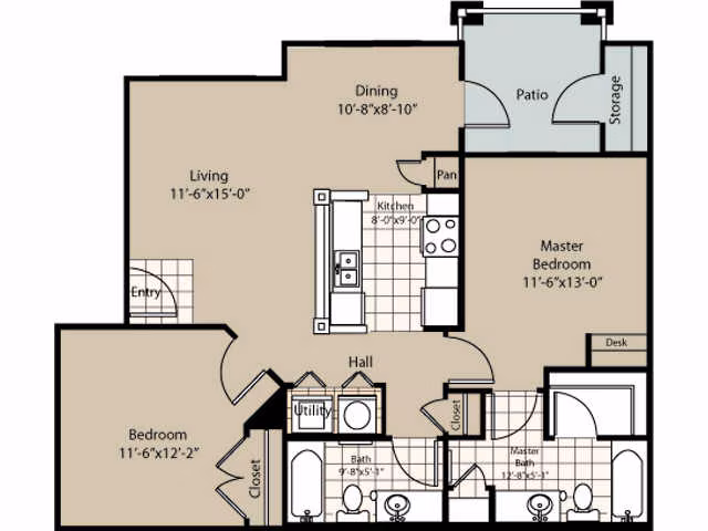 2 Beds • 2 Bath 10201 floor plan