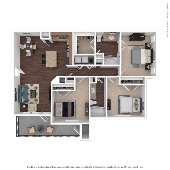 3 Beds, 1 Bath Model floor plan